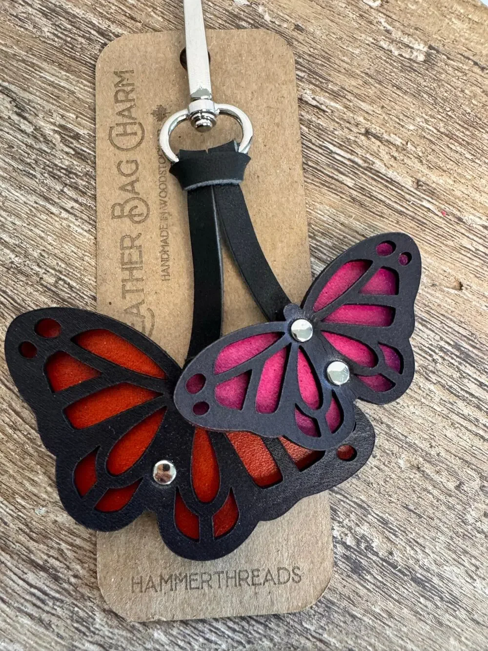 Pink Orange Butterfly Bag Charm Beautiful Leather Purse Charm Boho Butterflies